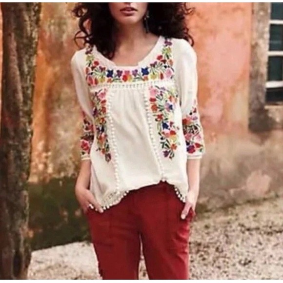 Vanessa Virginia Embroidered Pom Pom Peasant Blouse Anthropologie Womens 8 Boho - Picture 1 of 14